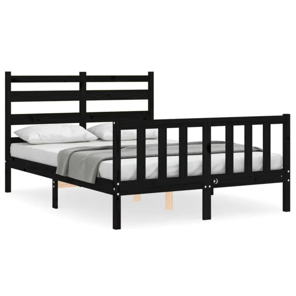 Bedframe met hoofdbord massief hout zwart 140x190 cm