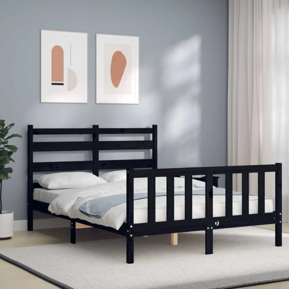 Bedframe met hoofdbord massief hout zwart 140x190 cm