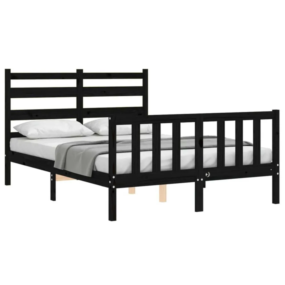 Bedframe met hoofdbord massief hout zwart 140x190 cm