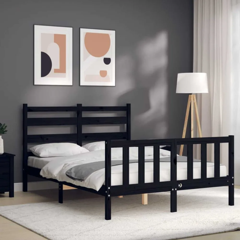 Bedframe met hoofdbord massief hout zwart 140x190 cm