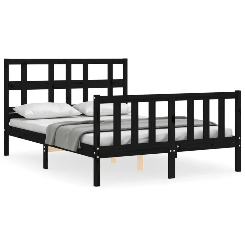 Bedframe met hoofdbord massief hout zwart 140x190 cm