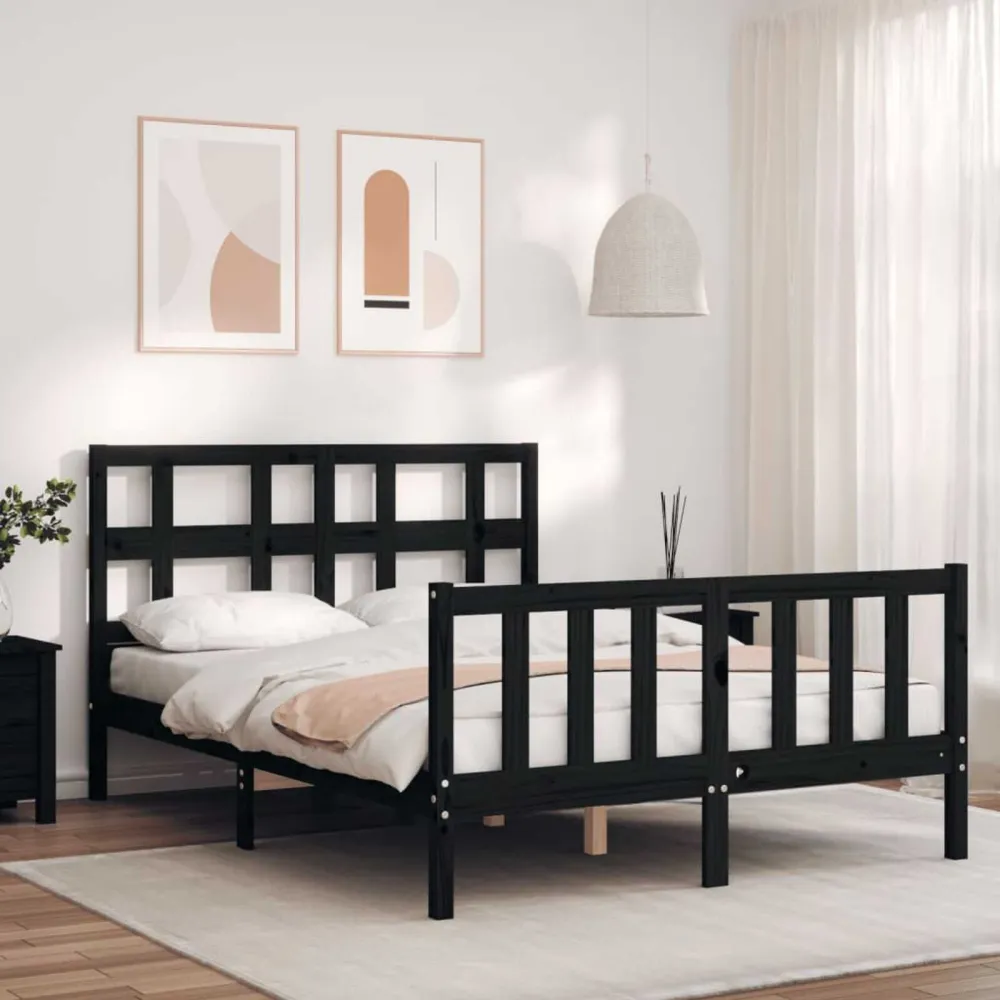 Bedframe met hoofdbord massief hout zwart 140x190 cm