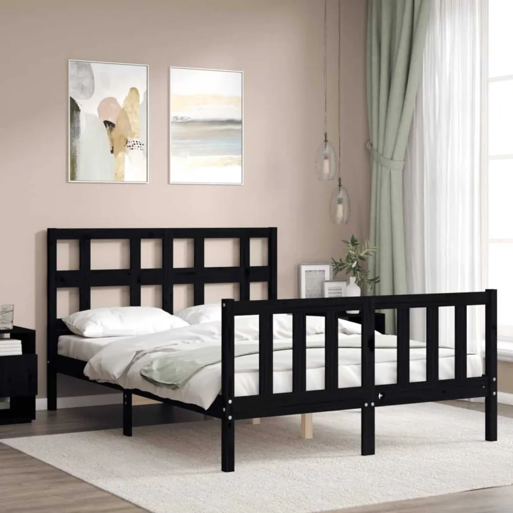 Bedframe met hoofdbord massief hout zwart 140x190 cm