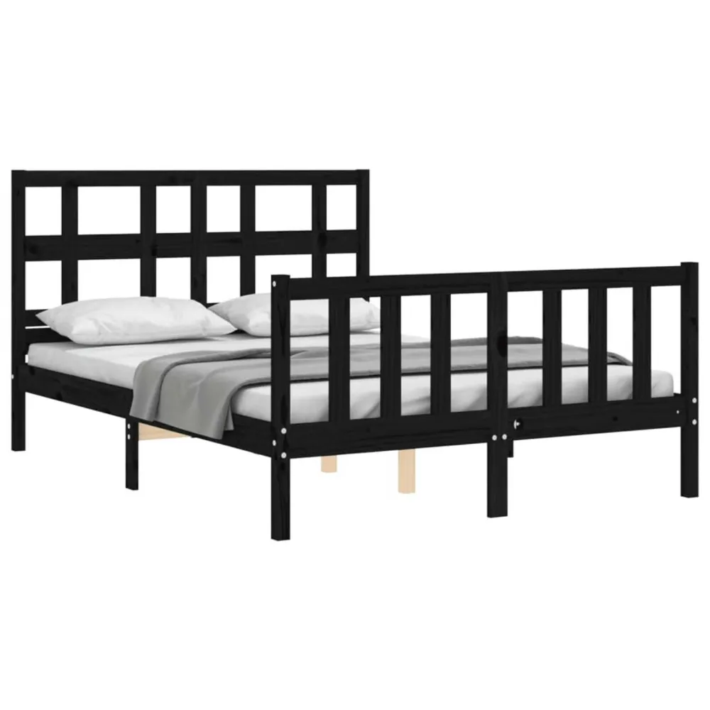 Bedframe met hoofdbord massief hout zwart 140x190 cm