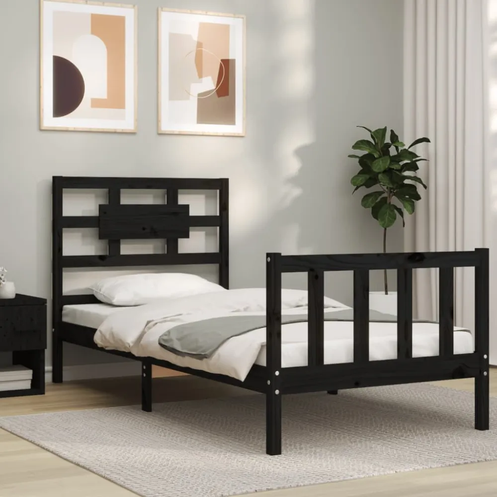 Bedframe met hoofdbord massief hout zwart