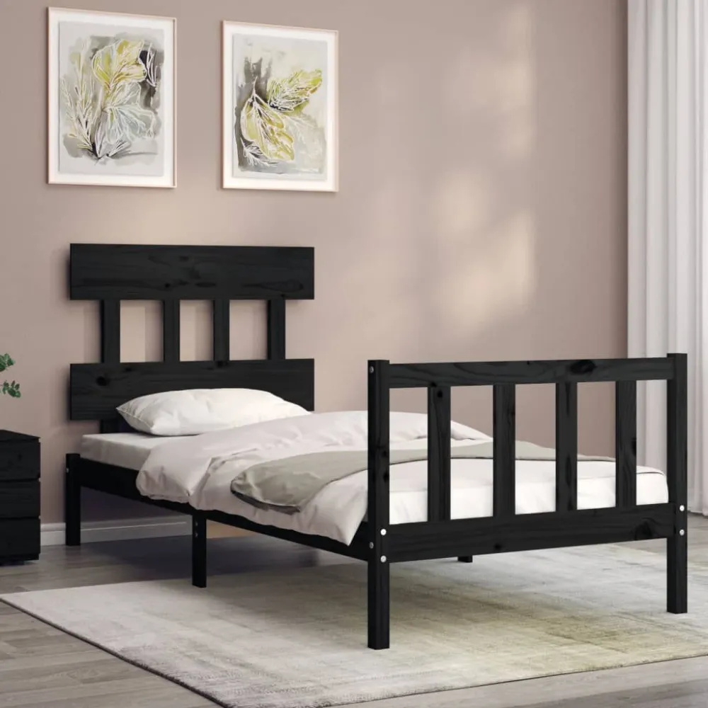 Bedframe met hoofdbord massief hout zwart 100x200 cm
