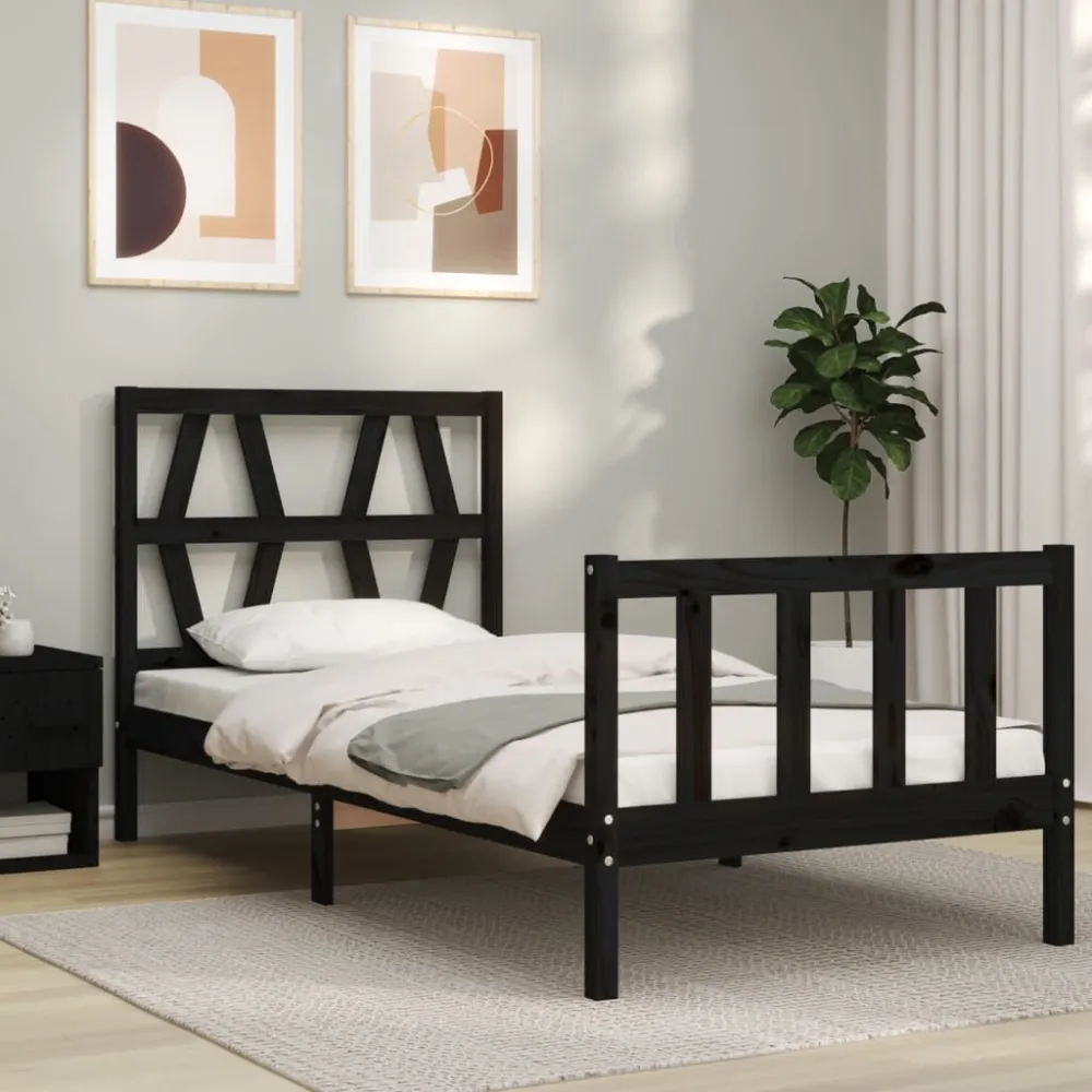 Bedframe met hoofdbord massief hout zwart