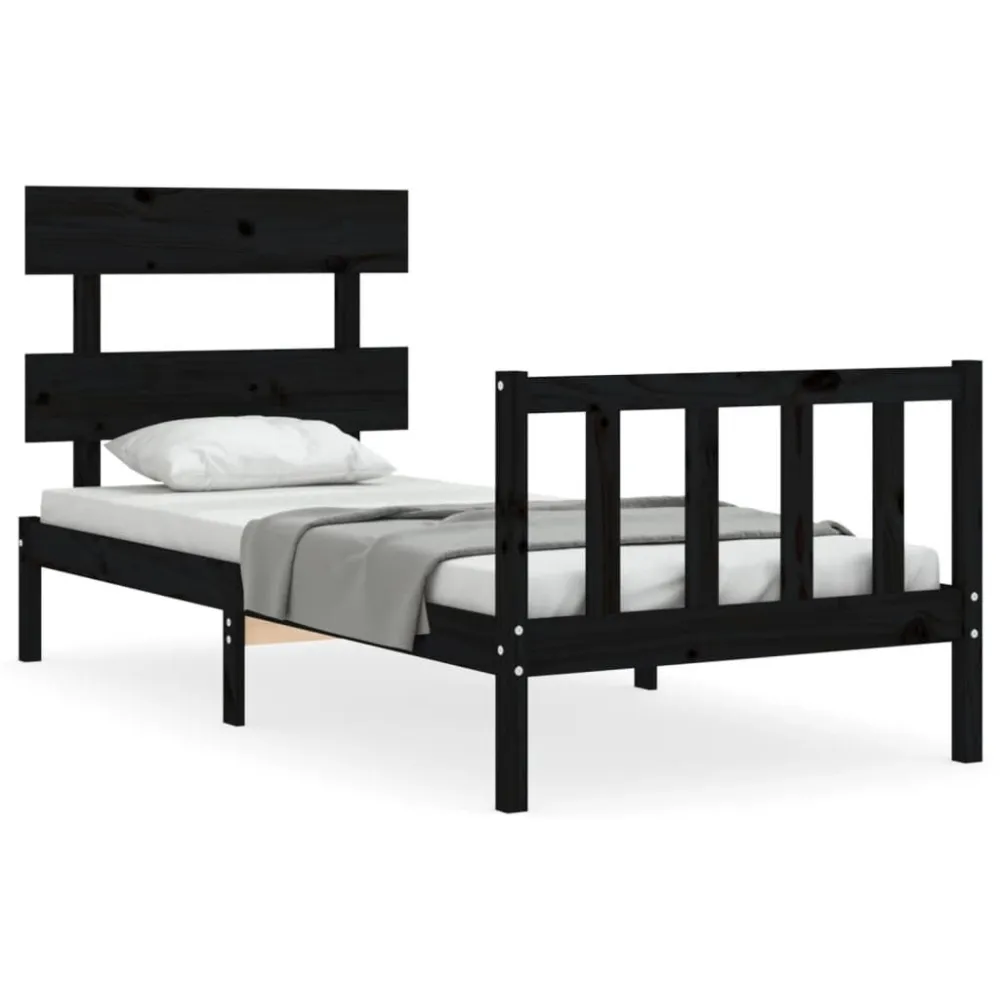 Bedframe met hoofdbord massief hout zwart