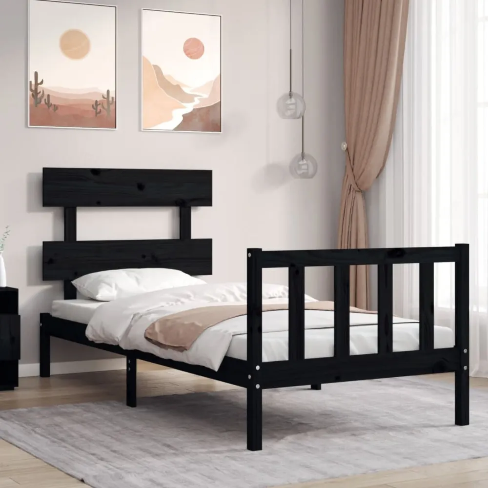 Bedframe met hoofdbord massief hout zwart