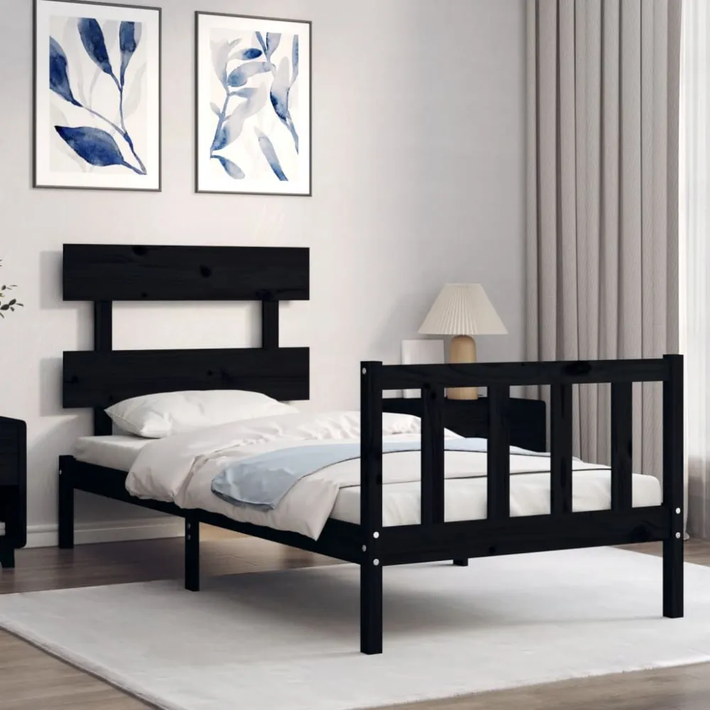 Bedframe met hoofdbord massief hout zwart