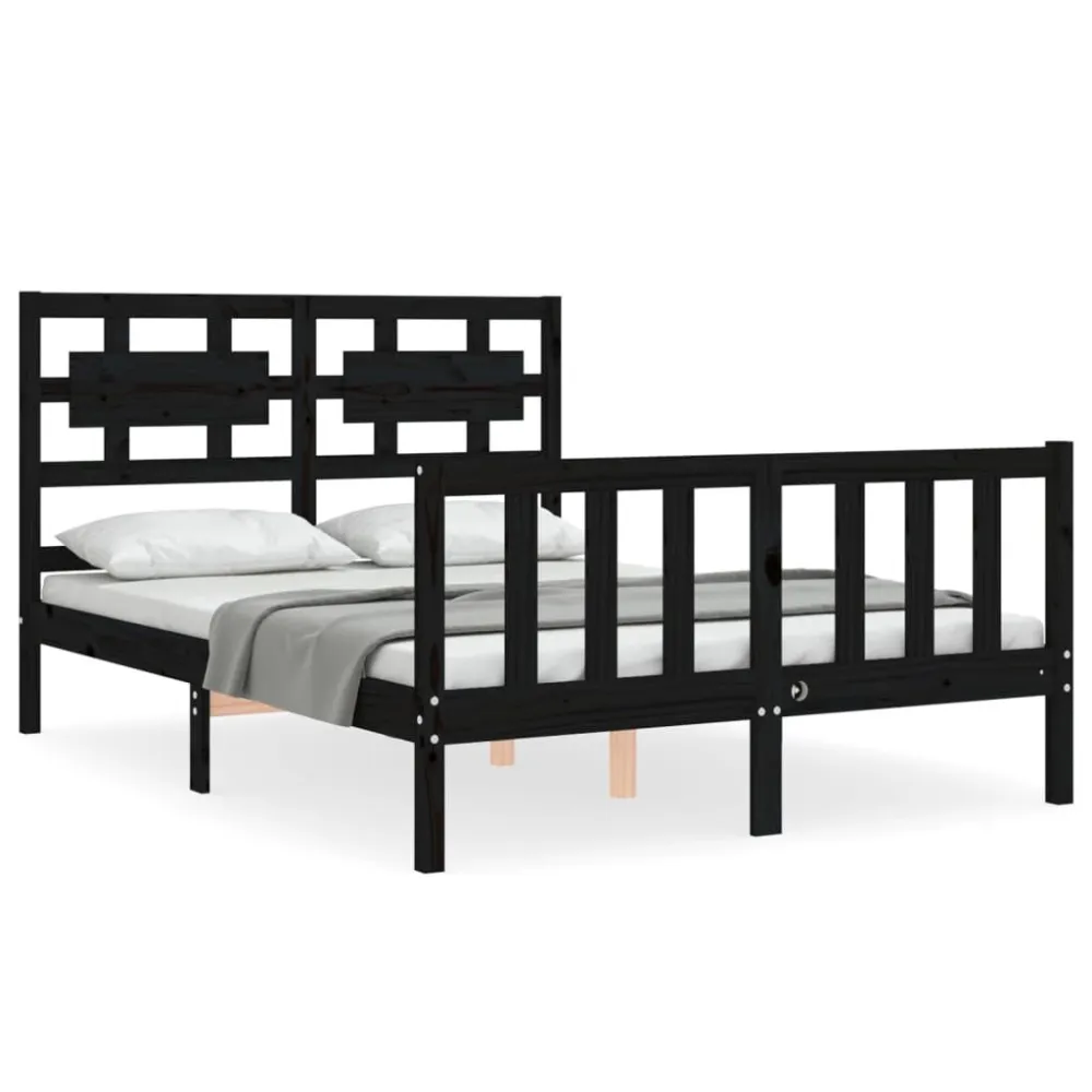 Bedframe met hoofdbord massief hout zwart 140x190 cm