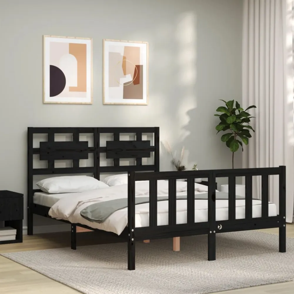 Bedframe met hoofdbord massief hout zwart 140x190 cm