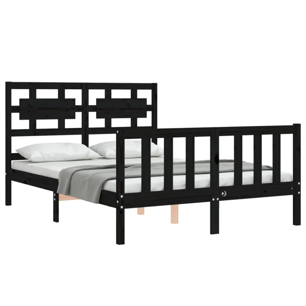 Bedframe met hoofdbord massief hout zwart 140x190 cm