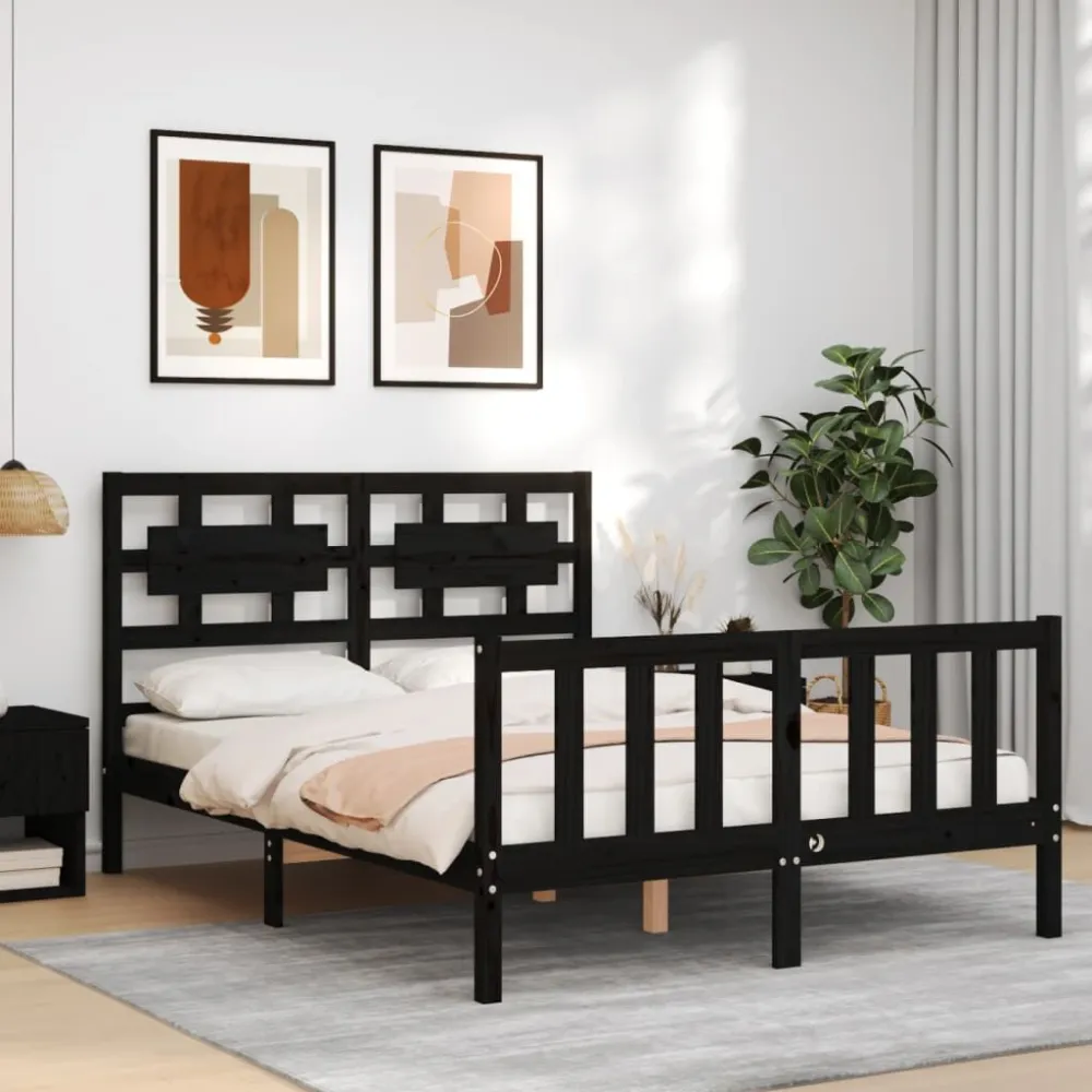 Bedframe met hoofdbord massief hout zwart 140x190 cm