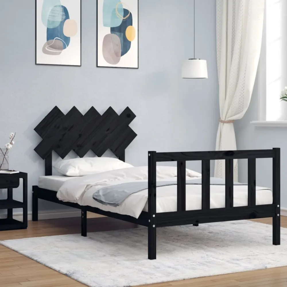 Bedframe met hoofdbord massief hout zwart 100x200 cm
