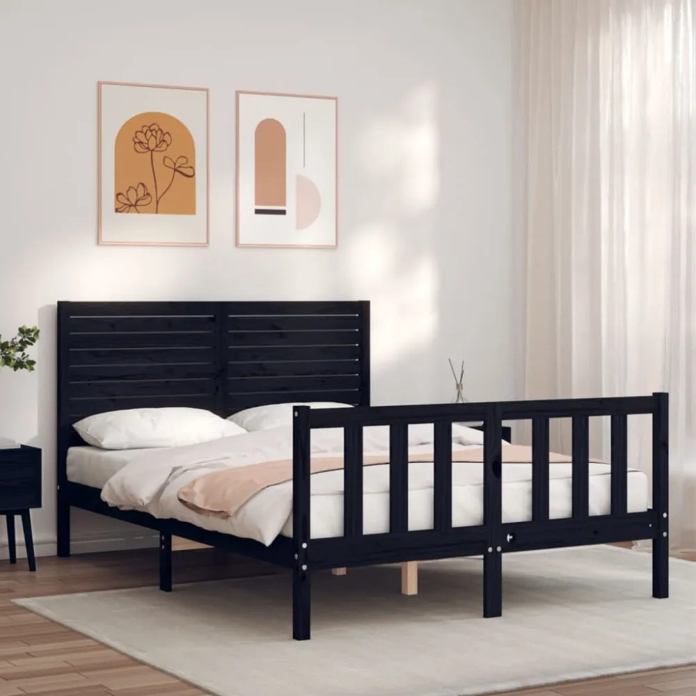 Bedframe met hoofdbord massief hout zwart