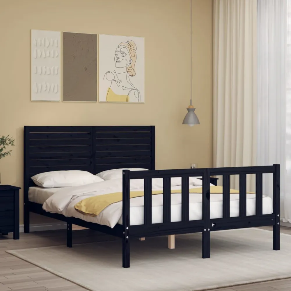Bedframe met hoofdbord massief hout zwart