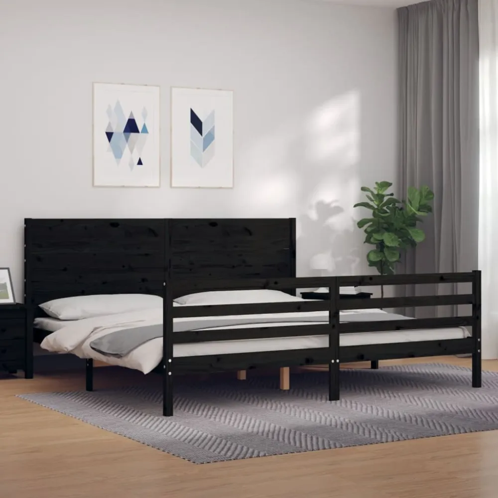 Bedframe met hoofdbord massief hout zwart 200x200 cm