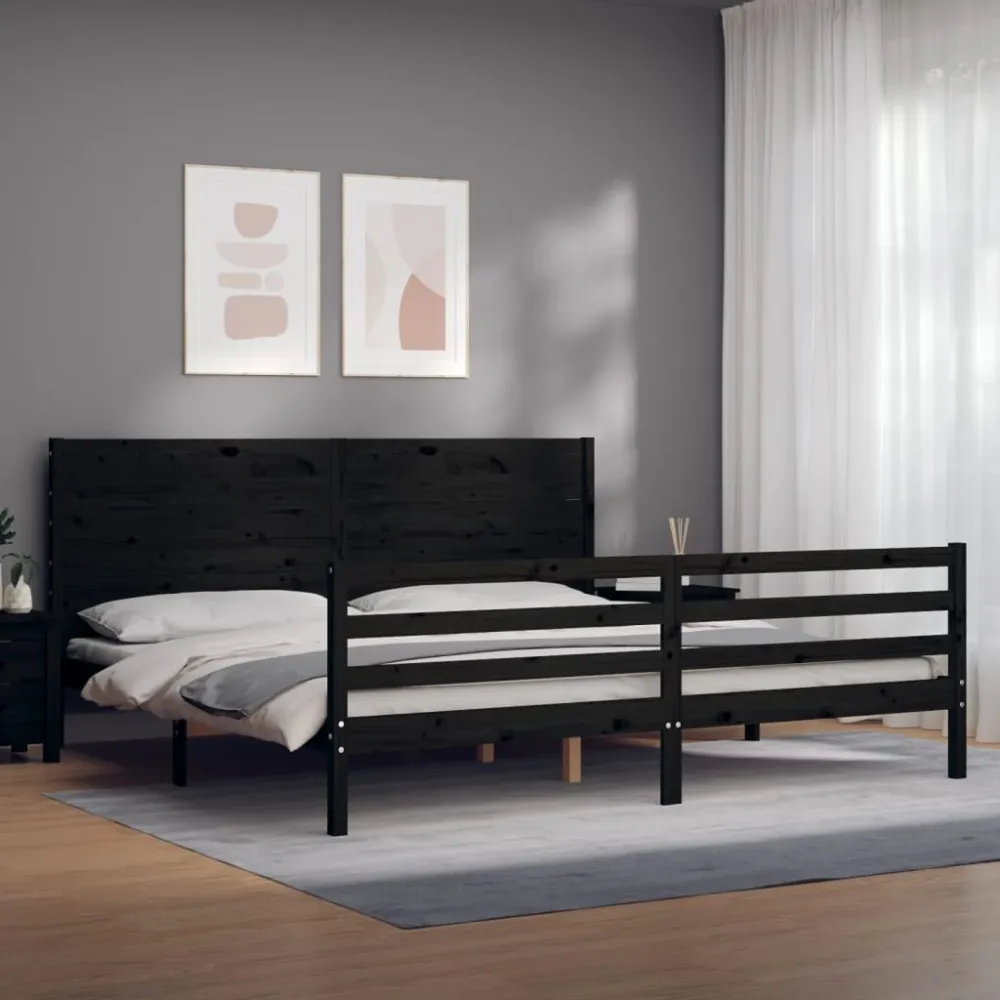 Bedframe met hoofdbord massief hout zwart 200x200 cm