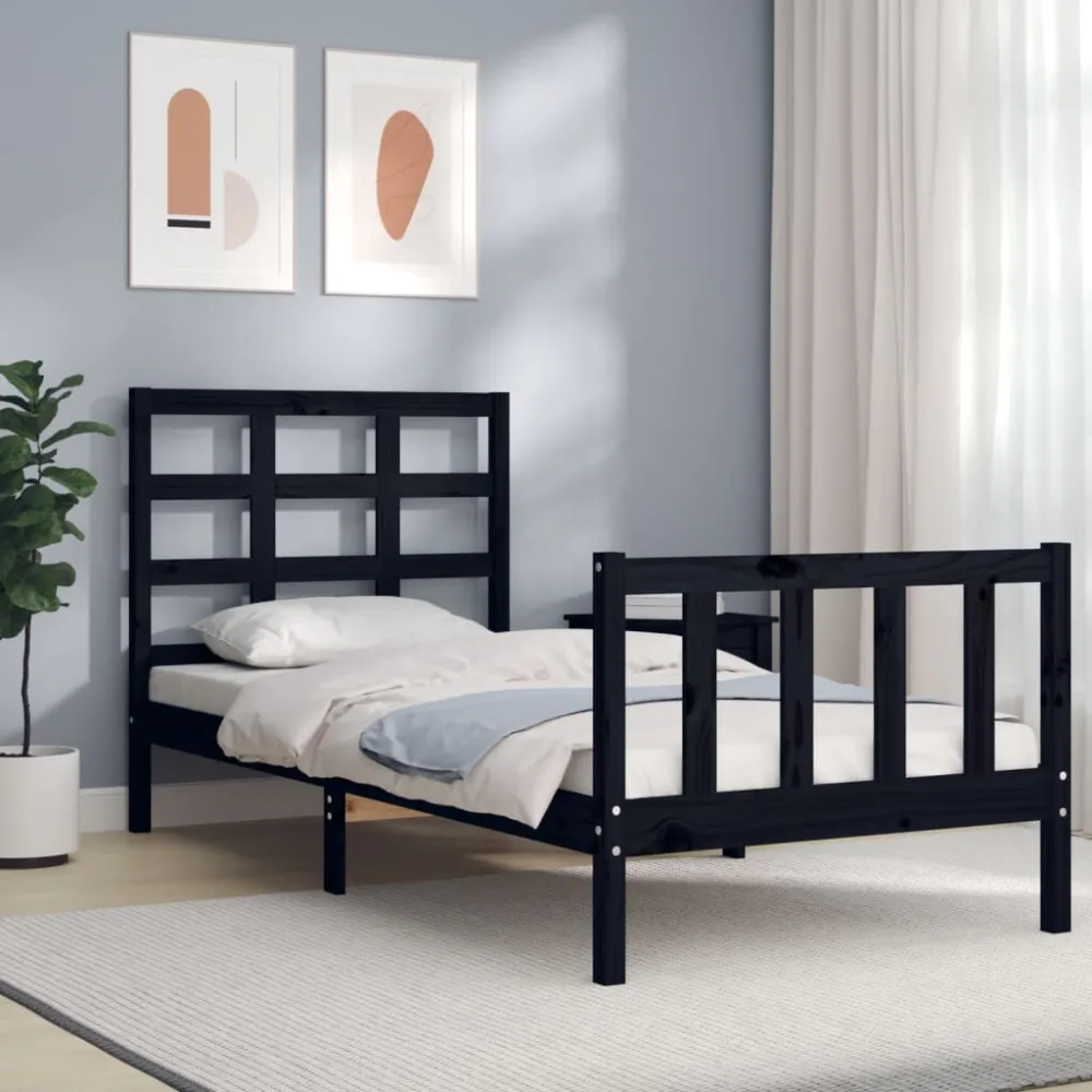Bedframe met hoofdbord massief hout zwart