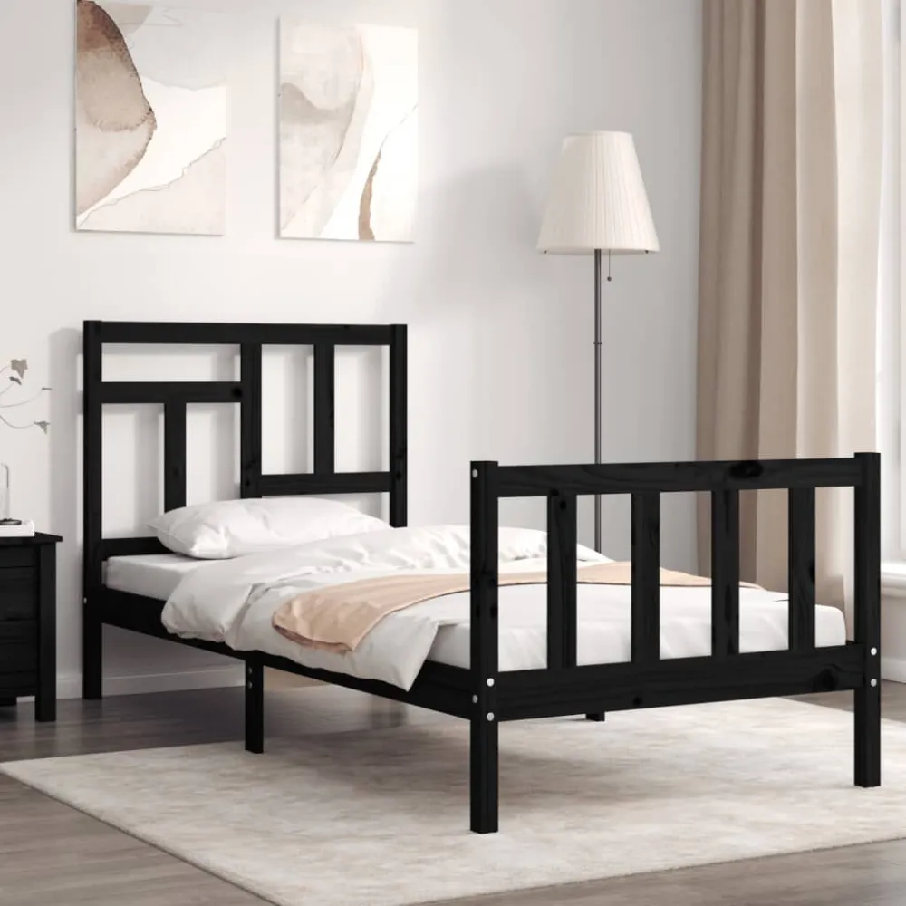 Bedframe met hoofdbord massief hout zwart