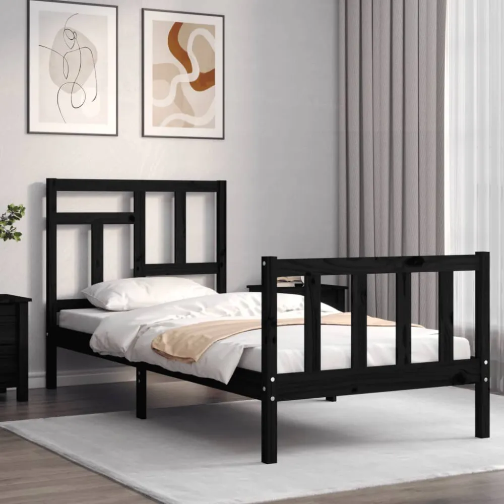 Bedframe met hoofdbord massief hout zwart