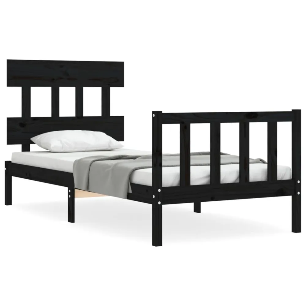 Bedframe met hoofdbord massief hout zwart