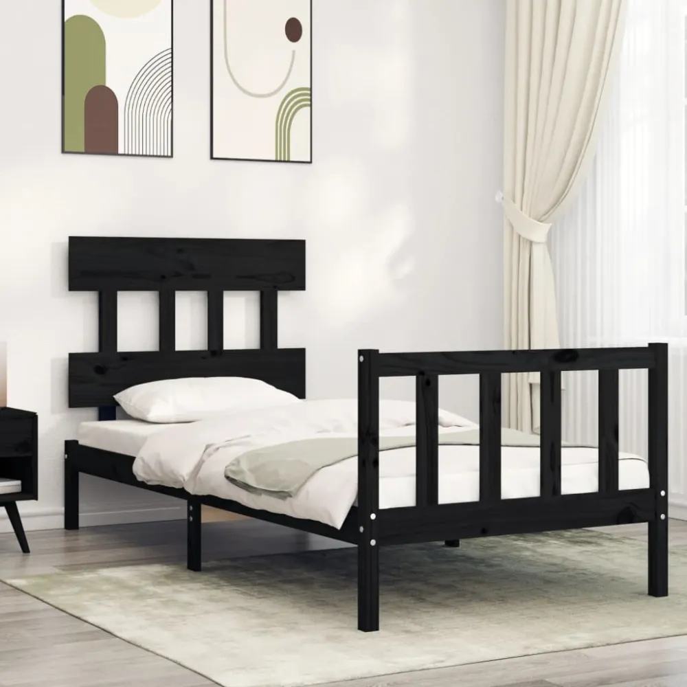 Bedframe met hoofdbord massief hout zwart