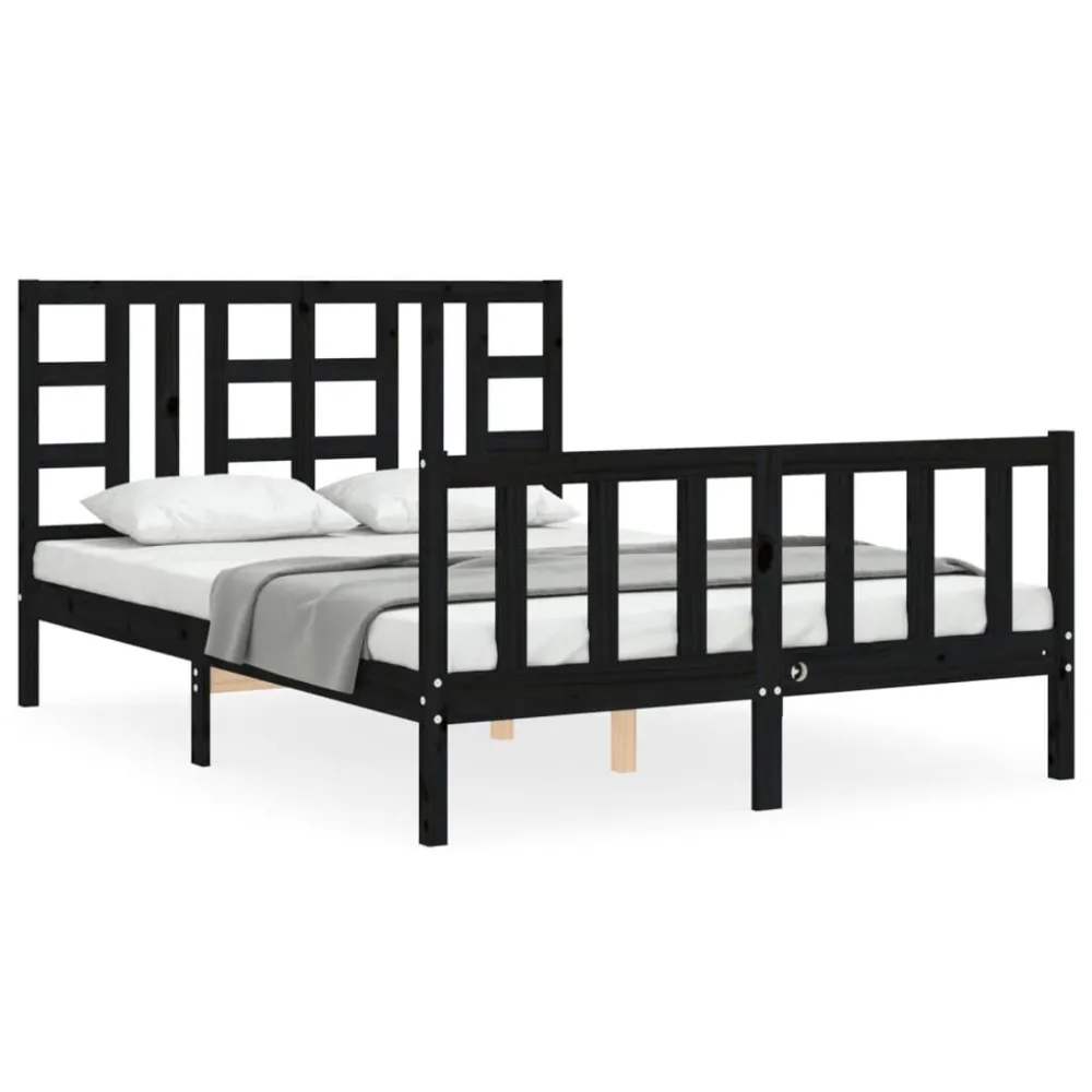 Bedframe met hoofdbord massief hout zwart 140x190 cm