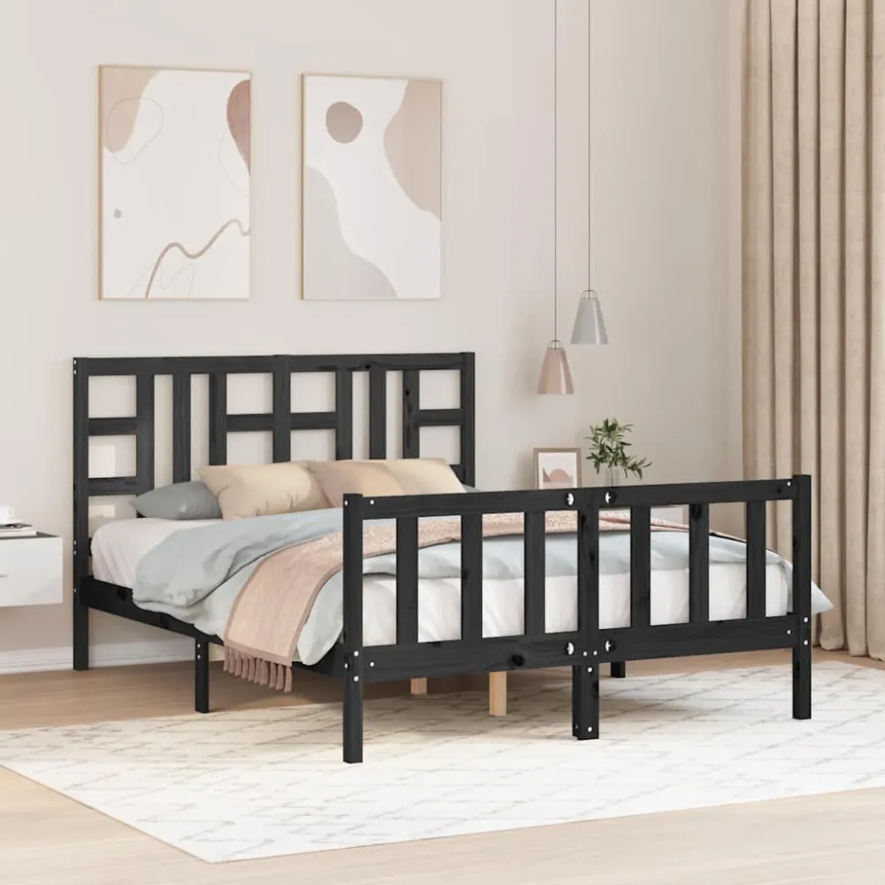 Bedframe met hoofdbord massief hout zwart 140x190 cm