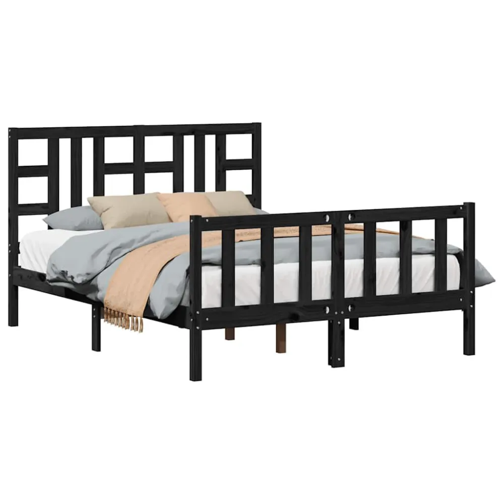 Bedframe met hoofdbord massief hout zwart 140x190 cm