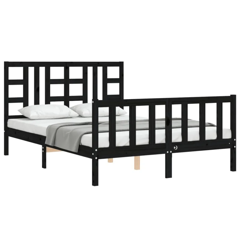 Bedframe met hoofdbord massief hout zwart 140x190 cm