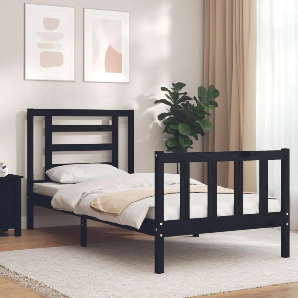 Bedframe met hoofdbord massief hout zwart