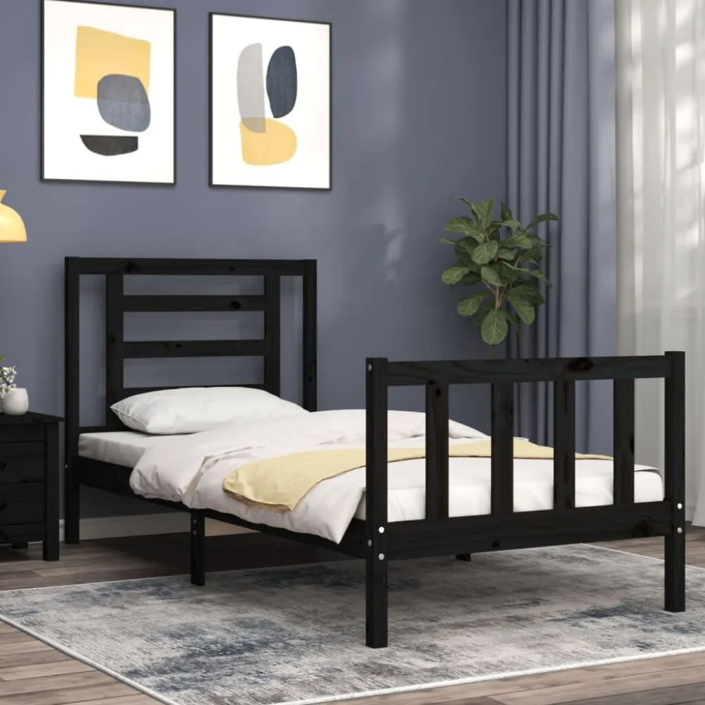 Bedframe met hoofdbord massief hout zwart