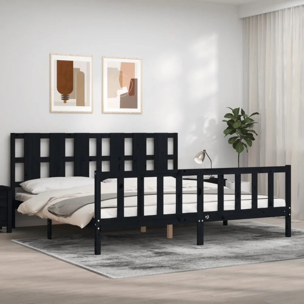 Bedframe met hoofdbord massief hout zwart 200x200 cm