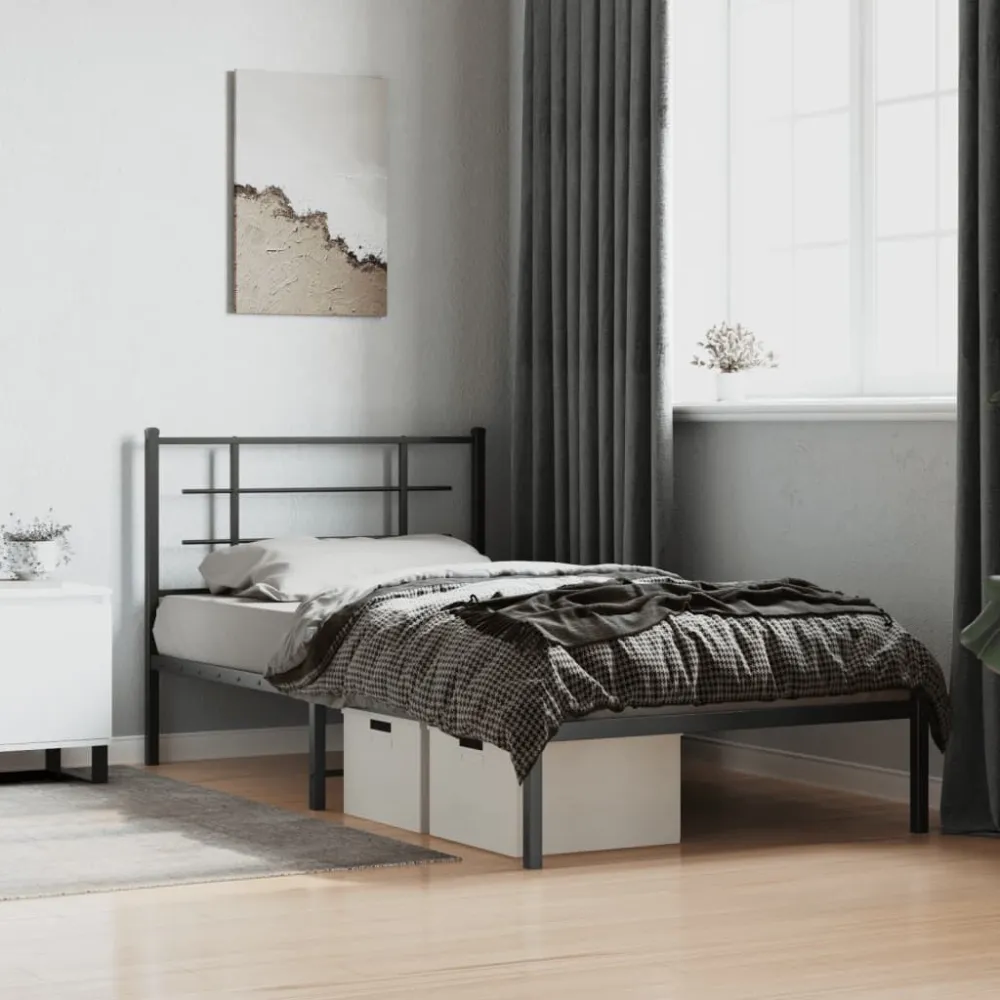 Bedframe met hoofdbord metaal zwart 107x203 cm