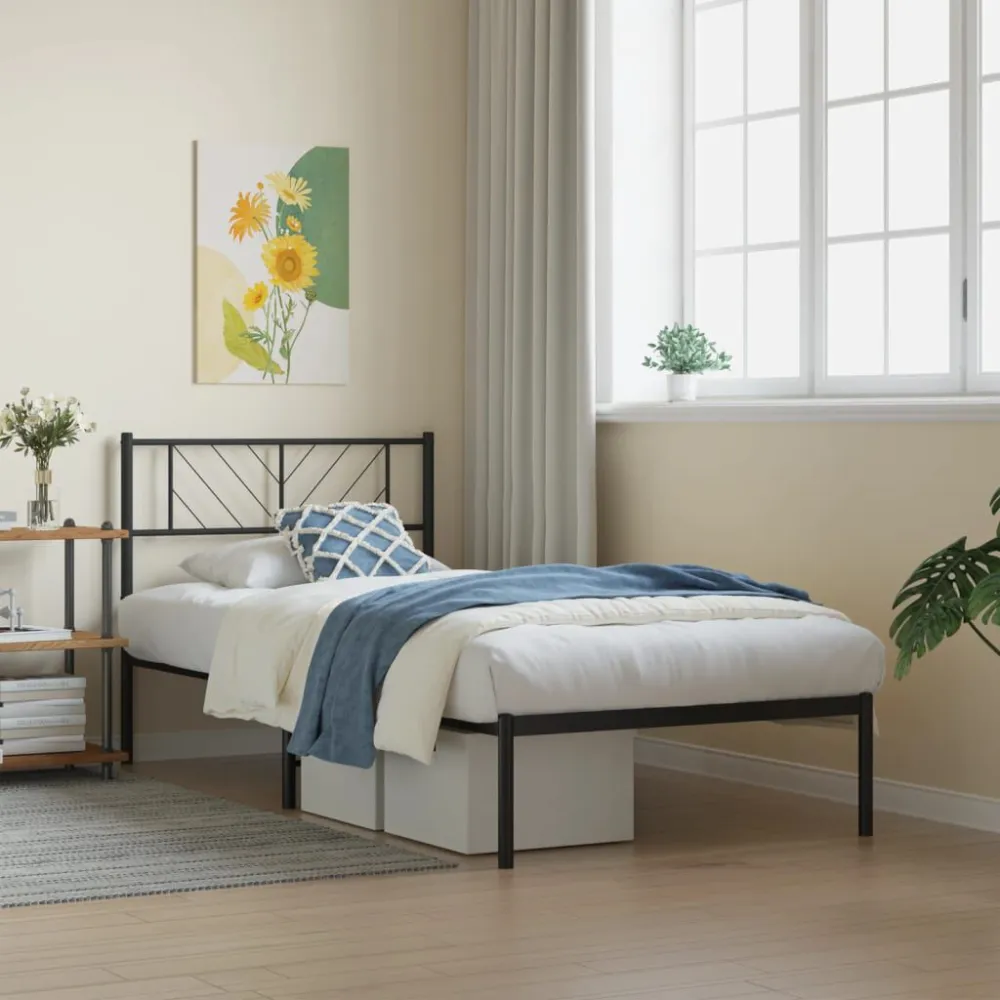 Bedframe met hoofdbord metaal zwart 107x203 cm
