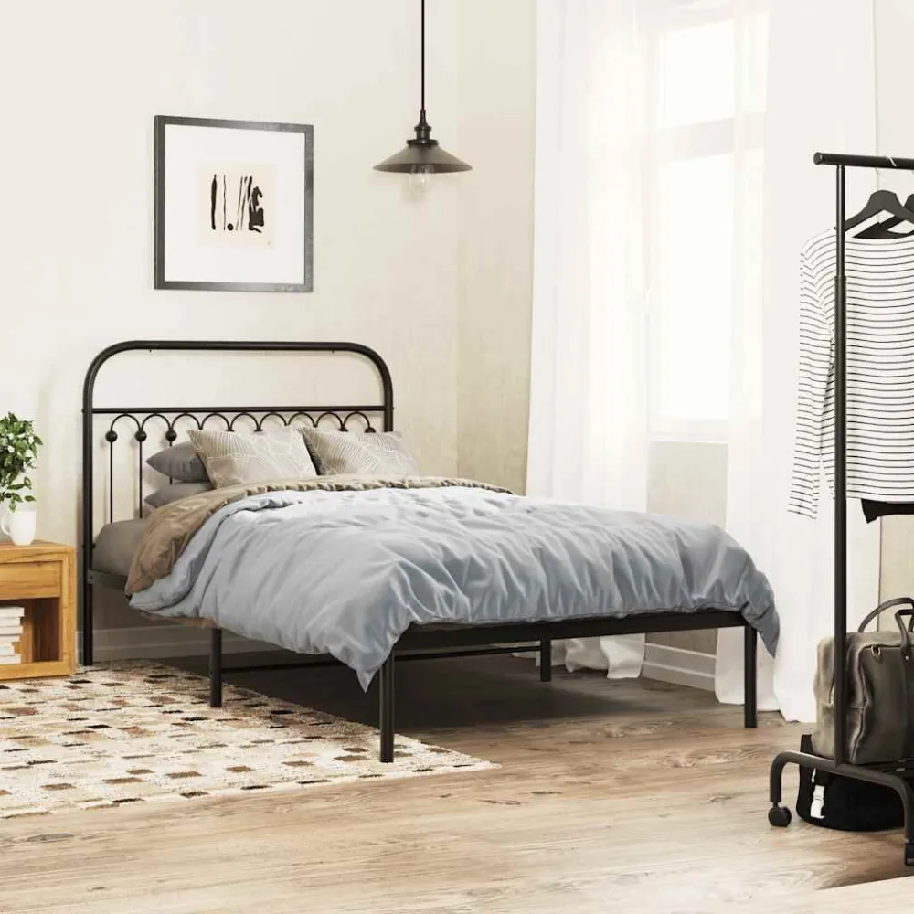 Bedframe met hoofdbord metaal zwart 107x203 cm
