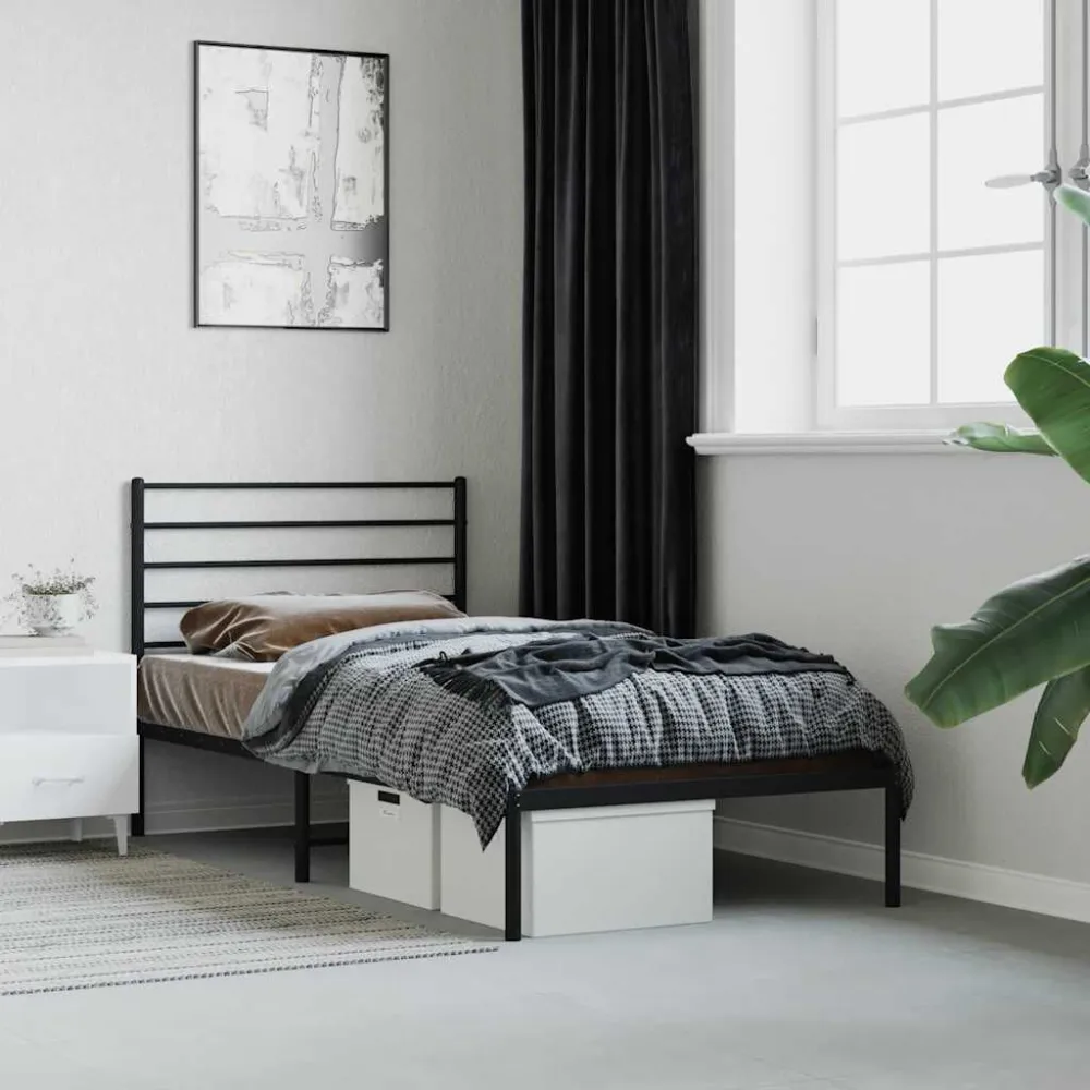 Bedframe met hoofdbord metaal zwart 107x203 cm