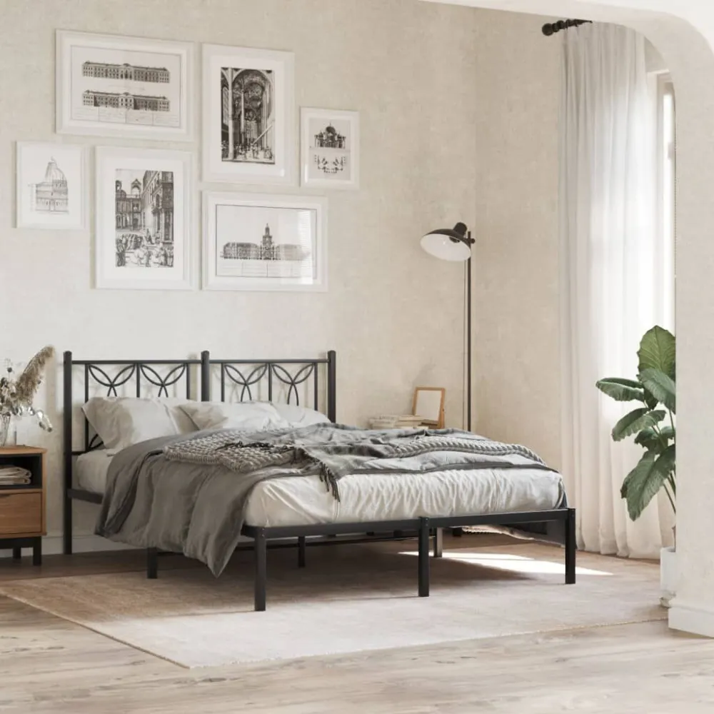 Bedframe met hoofdbord metaal zwart 135x190 cm