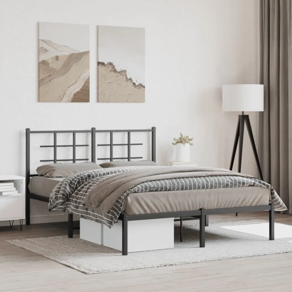 Bedframe met hoofdbord metaal zwart 135x190 cm