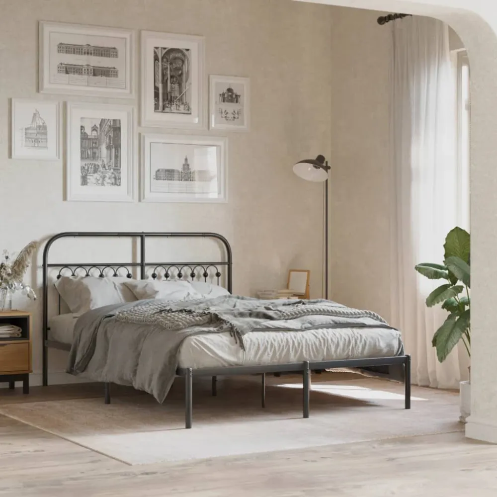 Bedframe met hoofdbord metaal zwart 135x190 cm