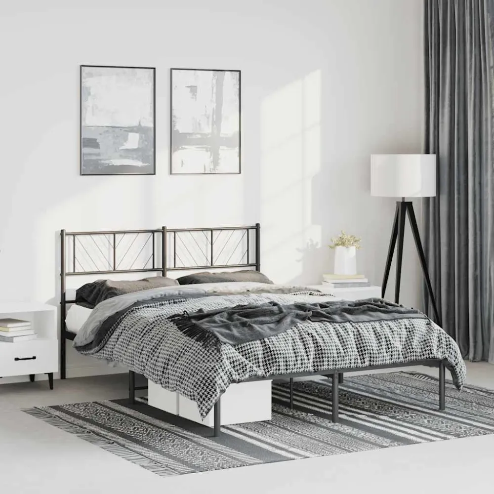 Bedframe met hoofdbord metaal zwart 135x190 cm
