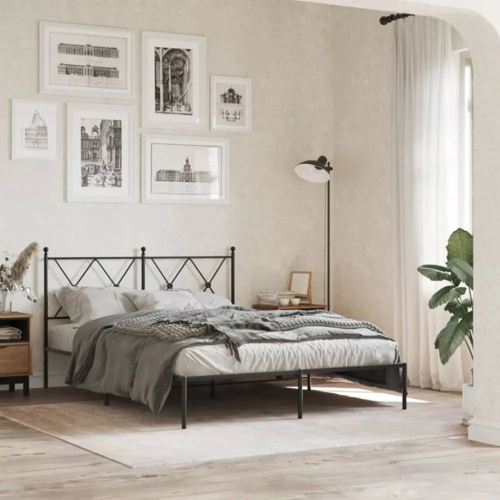 Bedframe met hoofdbord metaal zwart 135x190 cm