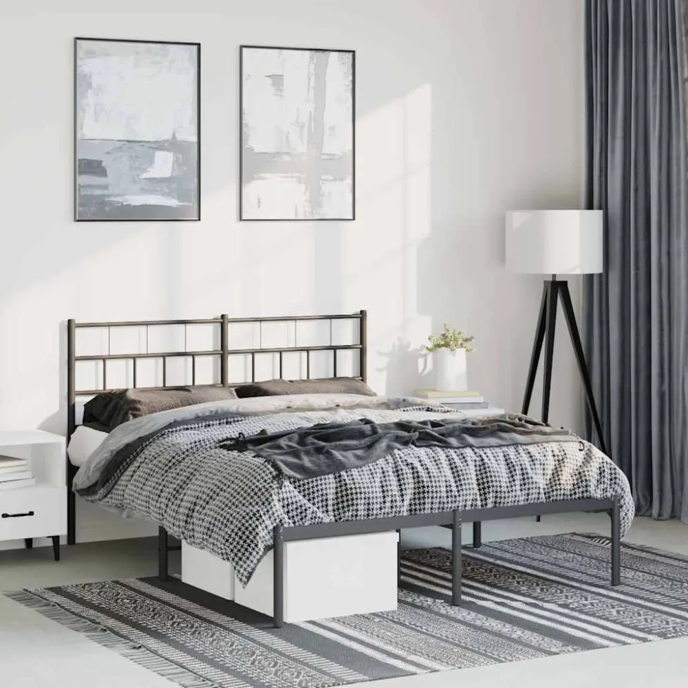 Bedframe met hoofdbord metaal zwart 135x190 cm