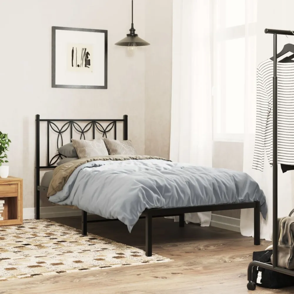 Bedframe met hoofdbord metaal zwart 75x190 cm