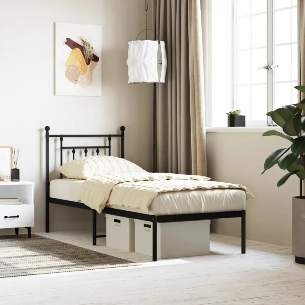 Bedframe met hoofdbord metaal zwart 75x190 cm