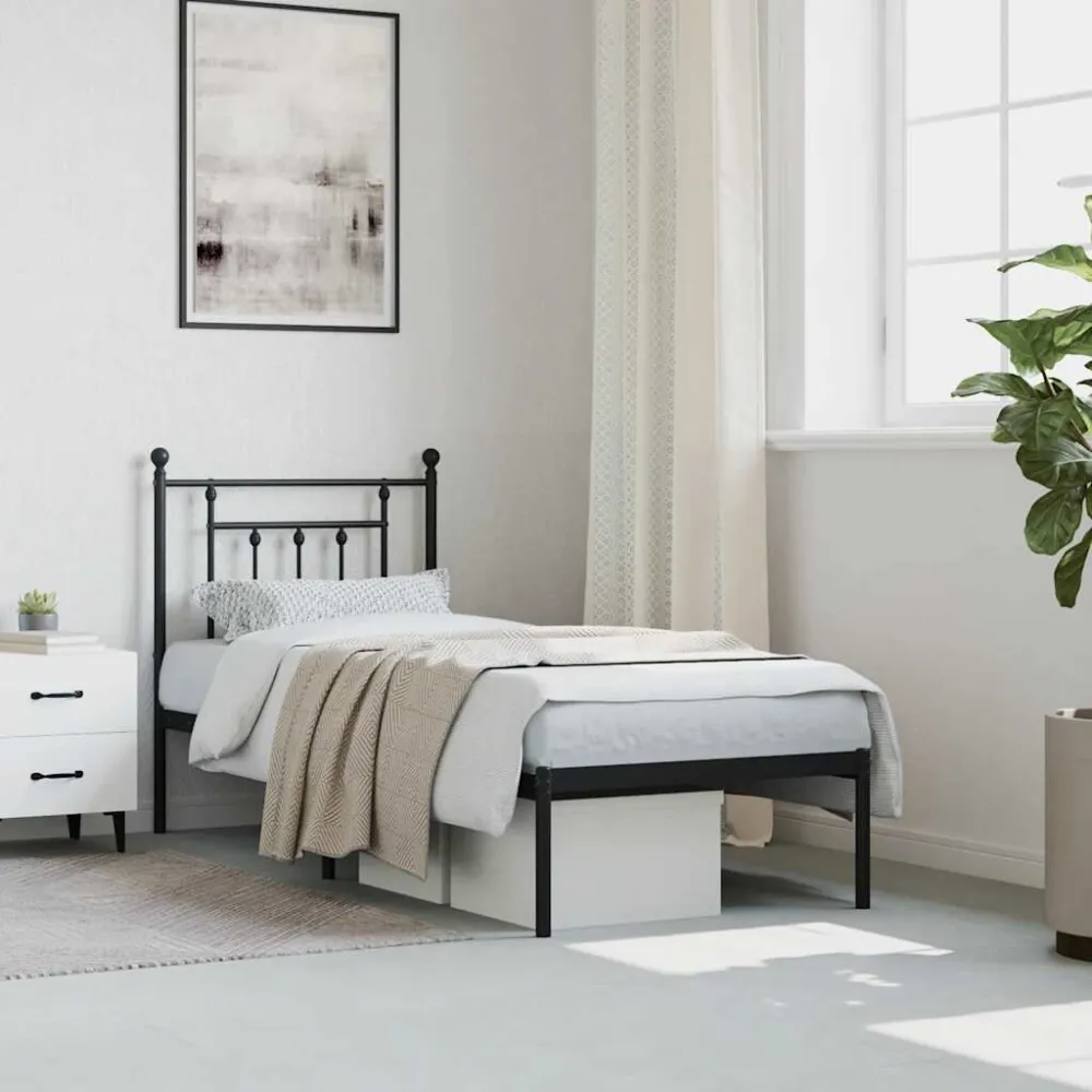 Bedframe met hoofdbord metaal zwart 75x190 cm