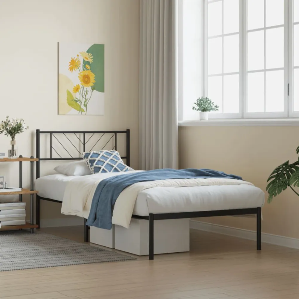 Bedframe met hoofdbord metaal zwart 75x190 cm