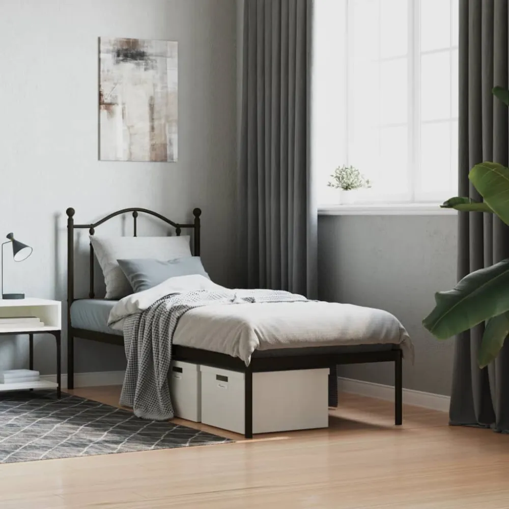 Bedframe met hoofdbord metaal zwart 75x190 cm